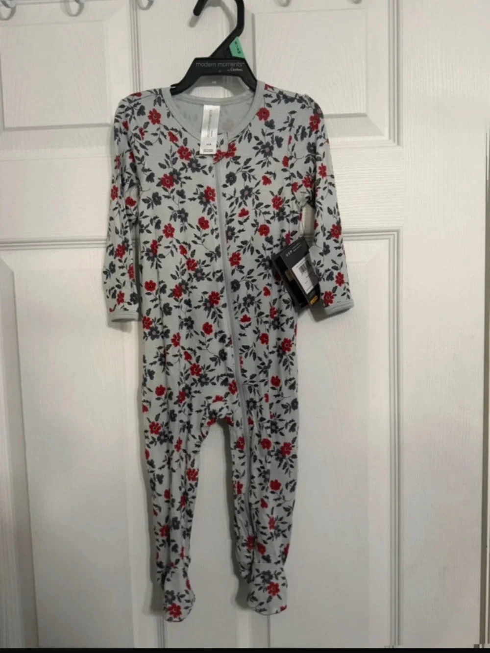 Kids Floral Footed One-Piece Pajama - Light Gray with Red Floral Print